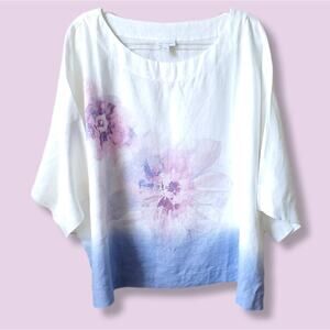 Women Pure Jill Floral Linen Boxy Top XL Coastal Artsy Lagenlook Beach NEW Flaw